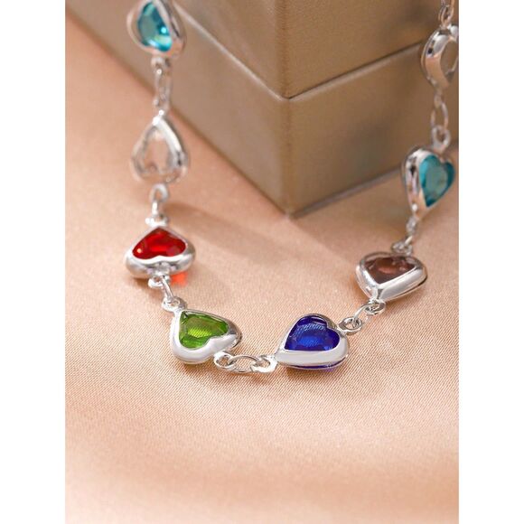 Colorful Heart Cubic Zirconia Bracelet Multi Crystal Silver Tone Adjstble Casual - Picture 3 of 6